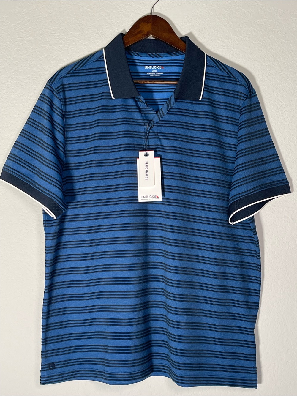 Untuckit Men’s Dark Blue Striped Polo Shirt Size Large NWT